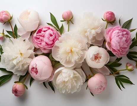White background, pink and white peonies, peony buds, peonia flowers, peoni leaves, pink petals, white blooms, pink floral arrangement, white flower arrangement, in the style of peppermint flowers,