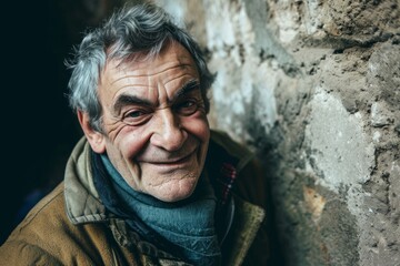 Obraz premium Portrait of an elderly man with gray hair in the street.