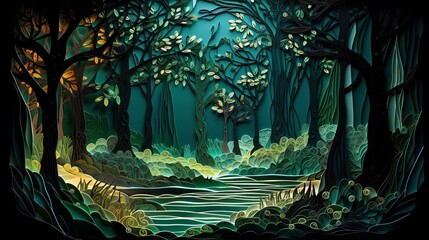 Obraz premium An art piece depicting a natural landscape with trees, grass, and a river. The painting captures the electric blue hues of the water against the darkness of the forest