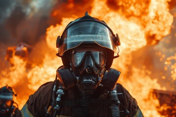 Brave firefighters fighting flames in emergency situation, close up view