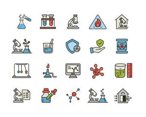 Science outline filled color icon set. Laboratory activity icon collection vector icon illustration image. Science, physics, and biology icons