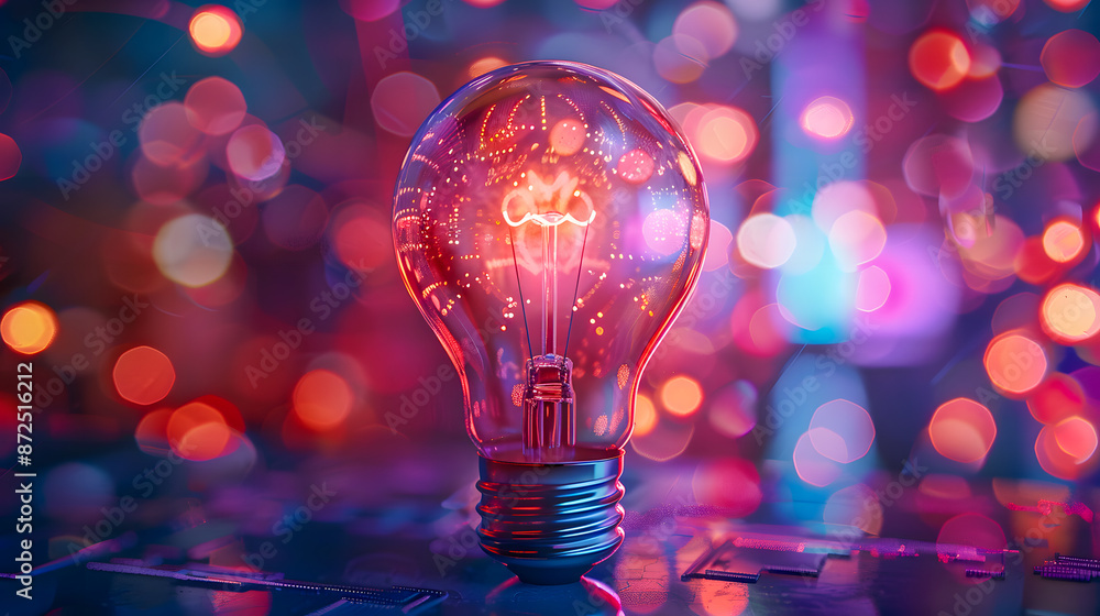 Poster creative light bulb explodes with colorful paint and splashes on a black background. think different