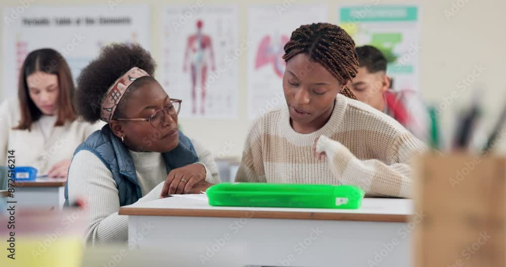Poster high school, teacher and student at desk with advice for learning, test notes and support for projec