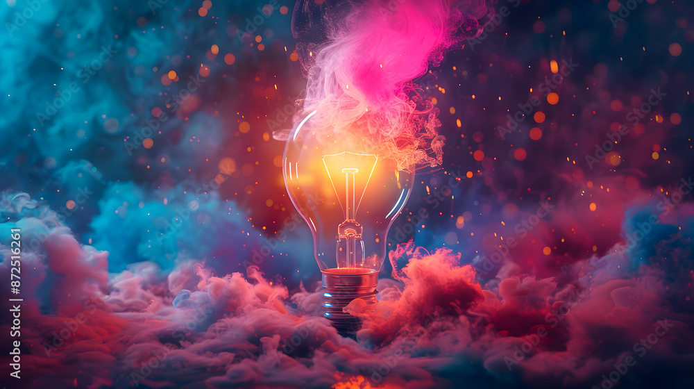Aufkleber creative light bulb explodes with colorful paint and splashes on a black background. think different