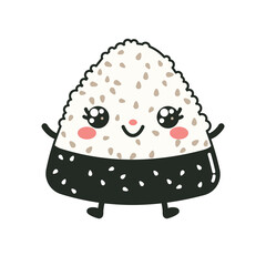 Cute Onigiri Rice Japanese Food Cartoon Character Wrapped Nori Seaweed with Smile Expression