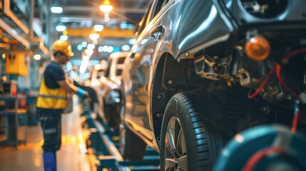 Workers installing electronic systems in cars on a production line. 