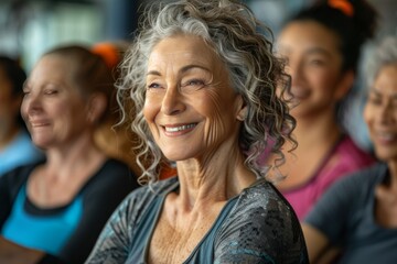 Obraz premium Active seniors enjoying fitness and laughing during group workout in gym, happy old age lifestyle