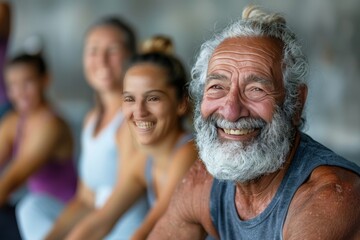 Obraz premium Active seniors enjoying fitness and laughing during group workout in gym, happy old age lifestyle