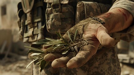 Close-up of a soldier's hands releasing an olive branch against a backdrop of conflict Stock Photo with copy space