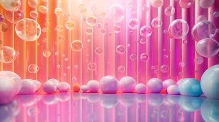 pink banner design with striped walls, balls and flying soap bubbles