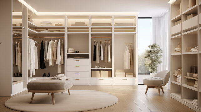 Beige and large wardrobe closet in dressing room, Luxury modern style.