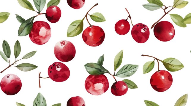 Vibrant watercolor pattern of hand-drawn cranberries in a seamless design
