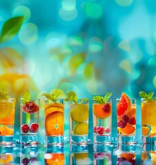 Fototapeta premium Assorted fruit-infused water with citrus slices and fresh berries in clear glasses