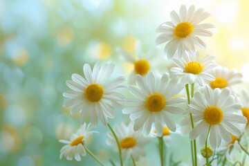 Fototapeta premium Close-up of bright chamomile flowers with sunlight filtering through, creating a soft, dreamy background