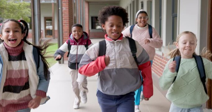 Education, school and kids running outdoor for break, fun and bonding while playing together. Learning, future and student friends with classroom race, games or freedom, energy or celebration outside