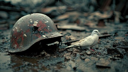 Contrast of a soldier's helmet on the ground with a white dove perched on it Stock Photo with copy space