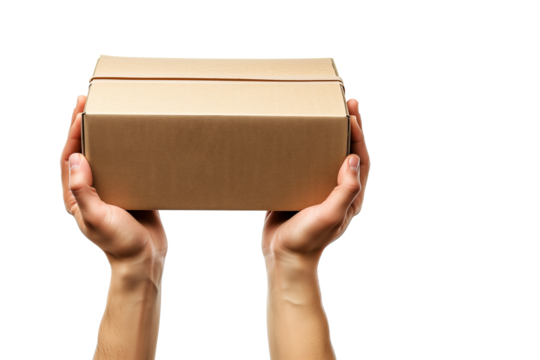 hands holding a blank box on transparancy PNG file for business delivery concept