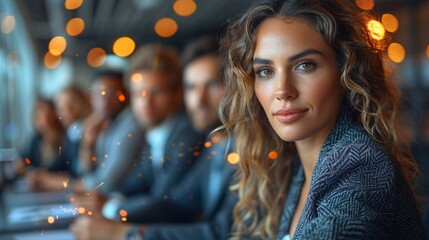 Fototapeta premium Dynamic Collaboration: Business Professionals in Meeting with Sparking Background in Minimalist Style