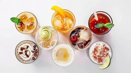 Cold and Hot Drinks Variety: Top View Isolated on White

