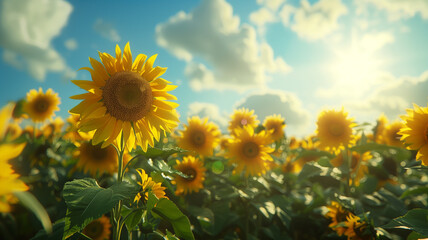 A vibrant sunflower field in full bloom under a clear blue sky, each flower facing towards the sun. The golden petals contrast beautifully with the green leaves and tall stalks.