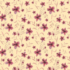 Monochrome burgundy branches with leaves and flowers. Seamless pattern on a yellow background. Hand drawn watercolor illustration. For design, fabrics, textiles, wallpaper, prints, wrapping paper