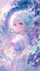 Obraz premium Magical Anime Girl with Pastel Hair and Rainbow Light. Ethereal atmosphere.