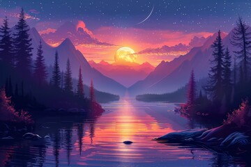 夕暮れ時の山の湖のスタイライズされたベクターアート