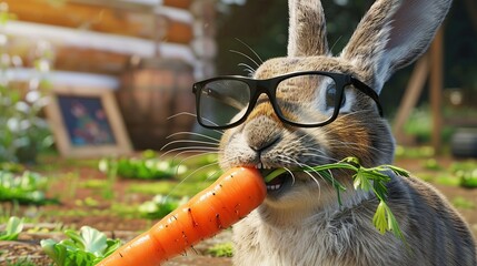 Sophisticated Rabbit in Eyeglasses Chewing on a Carrot
