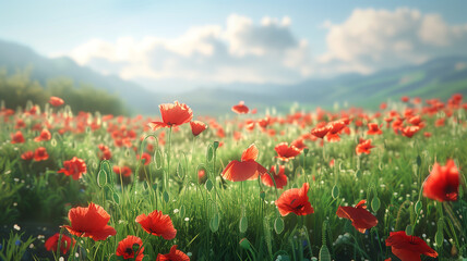 Fototapeta premium A field of poppies swaying gently in the wind, their bright red petals standing out against the green grass. The scene is peaceful, with a clear sky and distant hills.