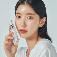young Korean female model holding a serum bottle with dewy hydrated skin