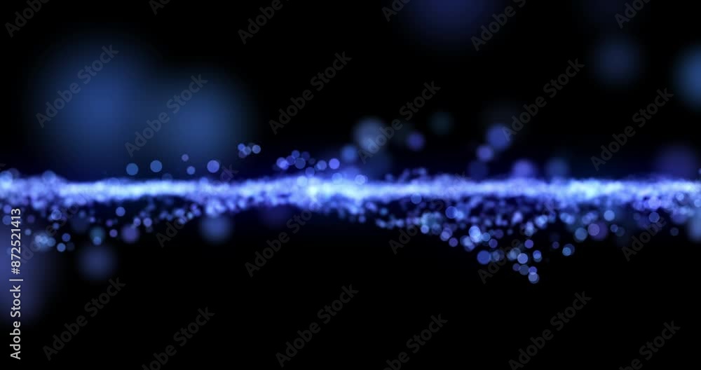 Poster Animation, data stream and network traffic with blue particles on black background for communication. Dark, future and graphic with cloud computing or information technology flow in cyberspace