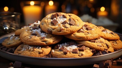 a pile of crunchy and sweet chocolate cake with a sprinkling of chocolate chips on top on a plate