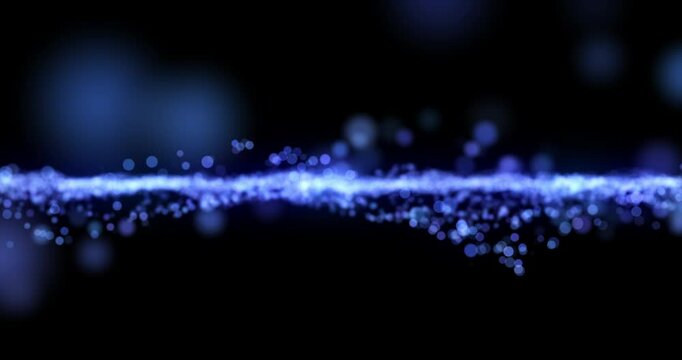 Animation, data stream and network traffic with blue particles on black background for communication. Dark, future and graphic with cloud computing or information technology flow in cyberspace