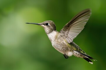 Fototapeta premium Close-up of a hummingbird in mid-flight against a vibrant green background, showcasing its delicate feathers and focused expression.