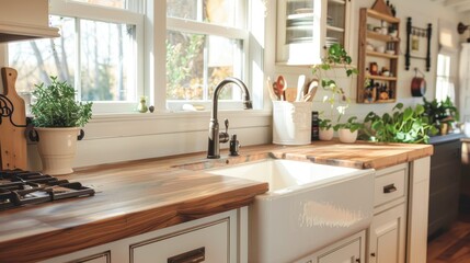 Bright farmhouse-style kitchen with wooden countertops, white cabinets, large windows, and indoor plants for a cozy and inviting atmosphere.