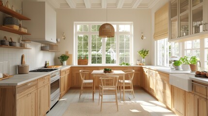 Fototapeta premium Bright and airy modern kitchen with large windows, wooden cabinets, and cozy dining area. Sunlit open space design.