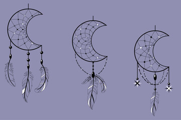 Set of dream catcher in shape of crescent moon. Tribal indian symbol. Ethnic vector illustration. Dreamcatchers silhouette. Boho style print. Outline sign threads, beads and feathers.