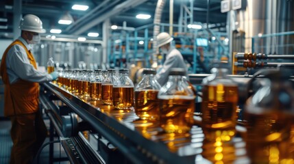 Factory industrial, A Beverage factory production line supervisor and employees working together on beverage production line in beverage factory, industrial background.