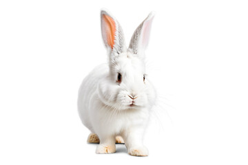 Obraz premium Cute white rabbit isolated on transparent PNG background, happy bunny running on floor, adorable fluffy rabbit that sniffing.