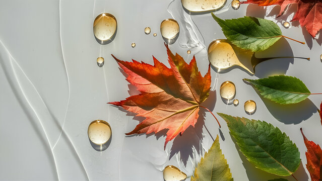 Fallen leaves and drops of Copaiba oil on a pristine white background, Background Image - AI Generated