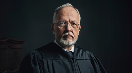 Fototapeta premium Capture a stern portrait of a judge in robes, their expression conveying authority and wisdom, standing against a dark background that emphasizes their imposing presence.