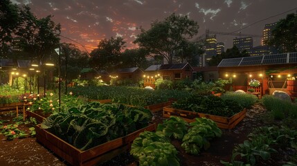 Obraz premium On a reclaimed urban lot, a solar punk farm showcases circular economy principles. Composting, rainwater harvesting, and solar energy create a self-sustaining oasis. 