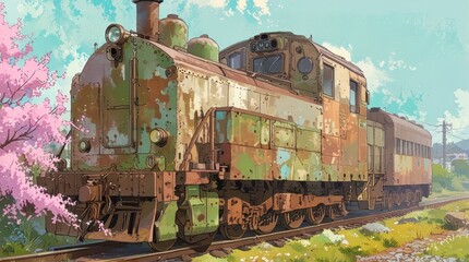 Obraz premium Rustic Train in a Blossoming Spring Landscape. Weathered locomotive. The scene captures a perfect blend of nostalgia and natural beauty.