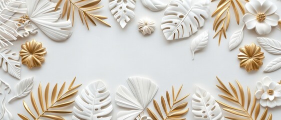 Elegant White and Gold Botanical Leaves and Flowers on a Minimalist Background for Modern Decor