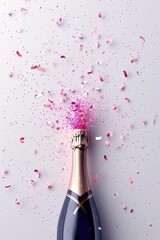 Fototapeta premium Celebratory moment with a champagne bottle popping, releasing vibrant pink confetti into the air. Perfect for festive and celebration themes.