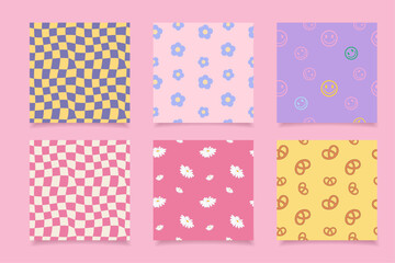 Groovy poster y2k retro background swirl, checkerboard set for print design. Spiral vector illustration. Psychedelic print. Vintage background. Cover, poster, wallpaper. 60s, 70s, hippie