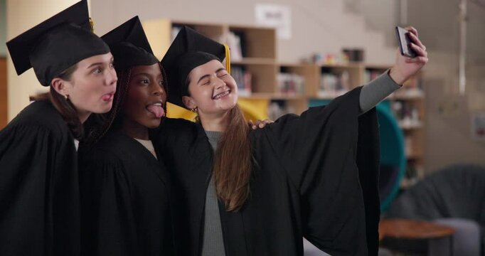 Happy girl, students and graduation with selfie for future, qualification or scholarship at university. Female person, friends or group of graduates with smile for photography, picture or memory