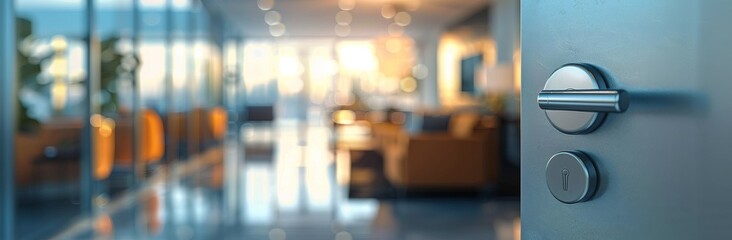 A Close Up of a Silver Door Handle on a Glass Door Leading to a Modern Lobby