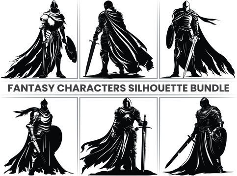 Fantasy Characters Silhouette Set, Mythology, Japanese Samurai, Warriors, and Swordsmen. Includes Samurai and Ninja Boys, Archery, and Military Figures Holding Swords for Protection.