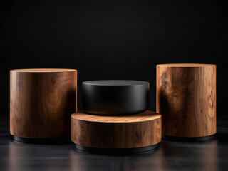 Wood cylinder pedestal podium set with empty  background. Minimalist scene for product presentation.	
